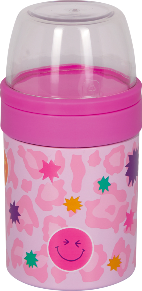 Rosafarbener Lunchpot mit durchsichtigem Deckel, verziert mit bunten Sternen und zwinkernden Smileys.