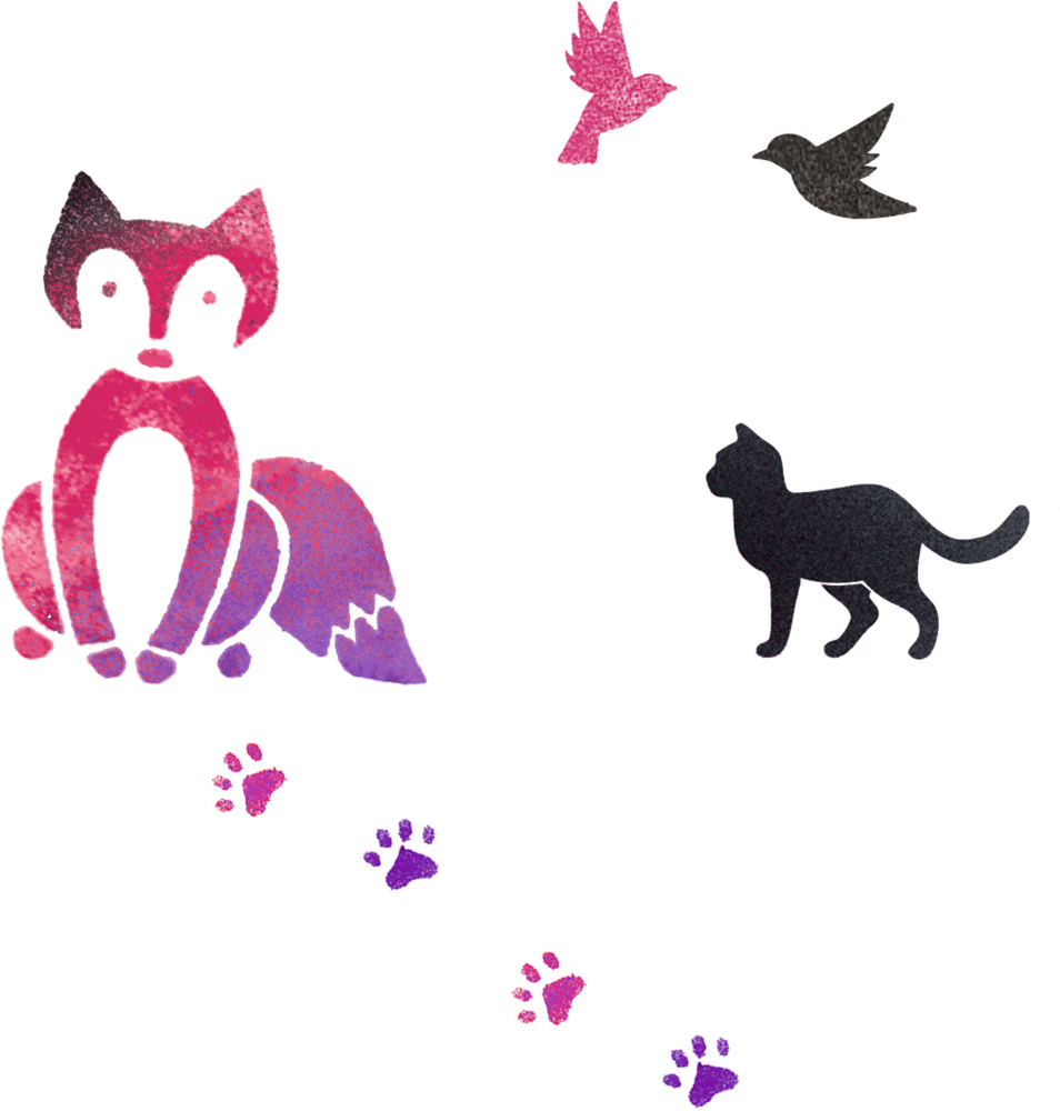 Stilisierter Fuchs, Katze, zwei Vögel und bunte Pfotenabdrücke auf weißem Hintergrund.