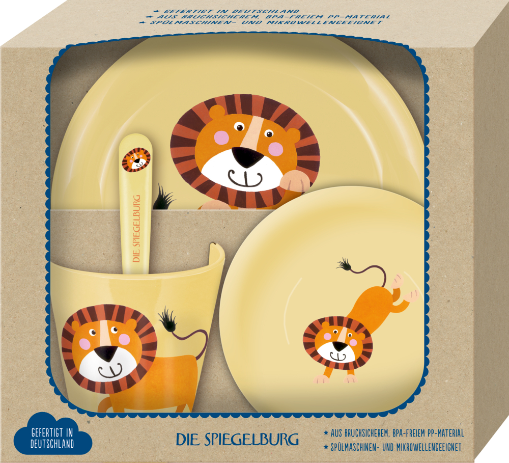 Geschirr Geschenkset Löwe - Freche Rasselbande Gelbes Kindergeschirrset mit Cartoon-Löwe: Teller, Schüssel, Tasse und Löffel. Wird im Karton geliefert.