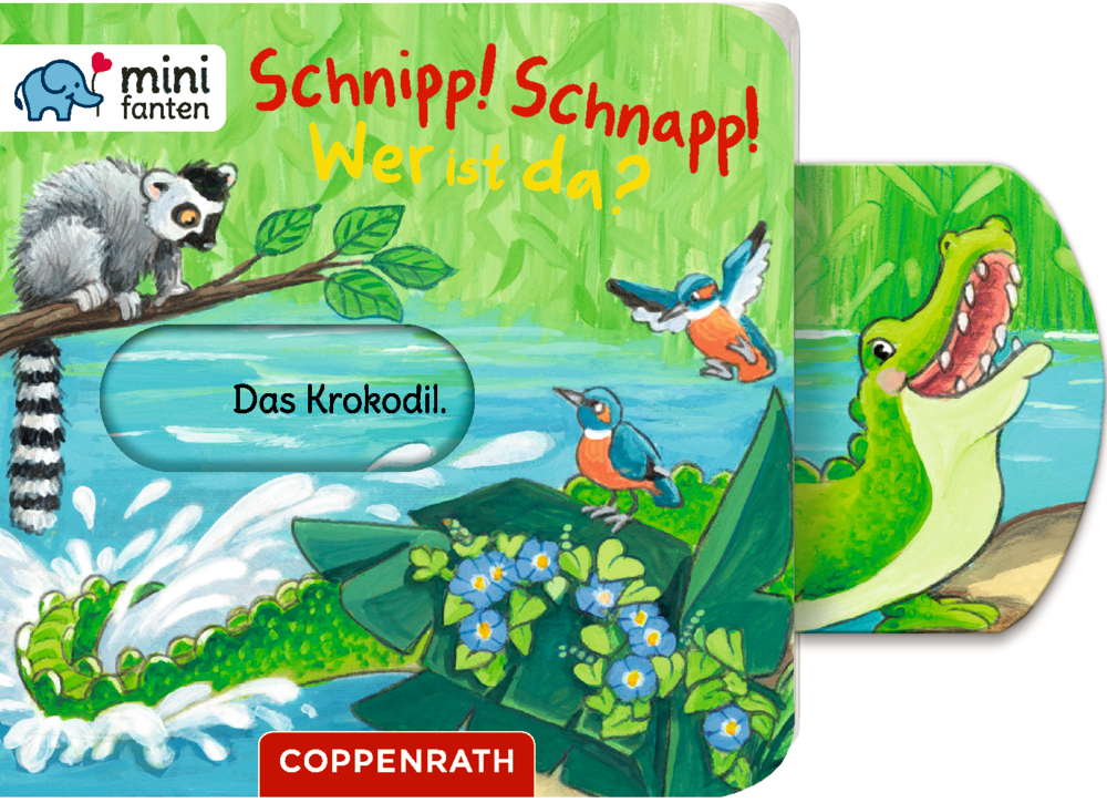 minifanten 31: Schnipp! Schnapp! Wer ist da? Krokodil in einem Fluss mit einem Lemur und zwei Vögeln in der Nähe; farbenfrohes Kinderbuchcover.
