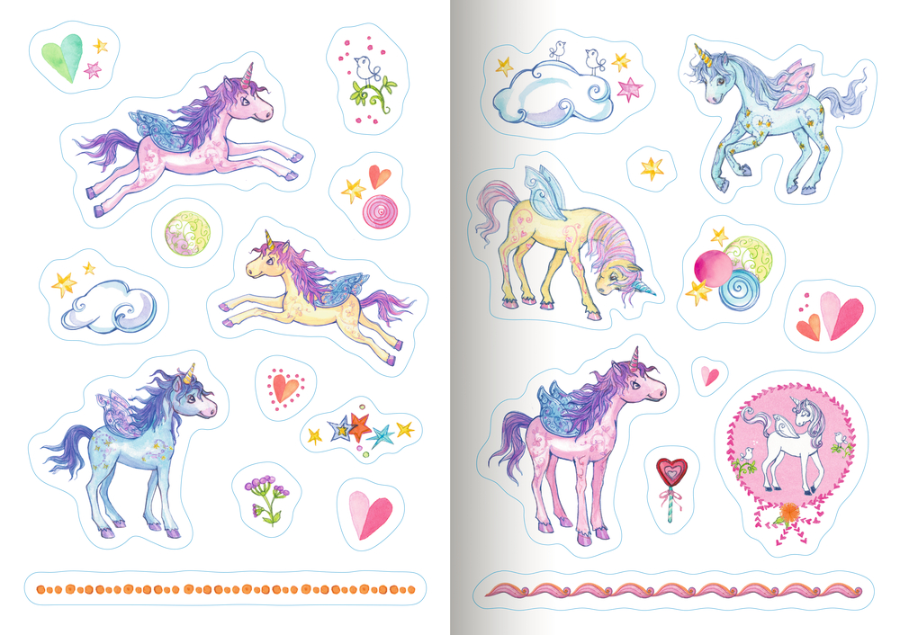 Wunderliche Einhornaufkleber mit Wolken, Herzen, Sternen, Blumen und Wirbeln auf weißem Hintergrund.