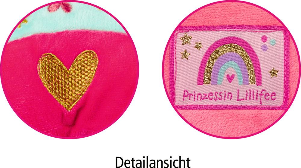 Zwei rosa Kreise zeigen ein goldenes Herz und einen Regenbogen-Patch mit „Prinzessin Lillifee“ auf weichem Stoff.