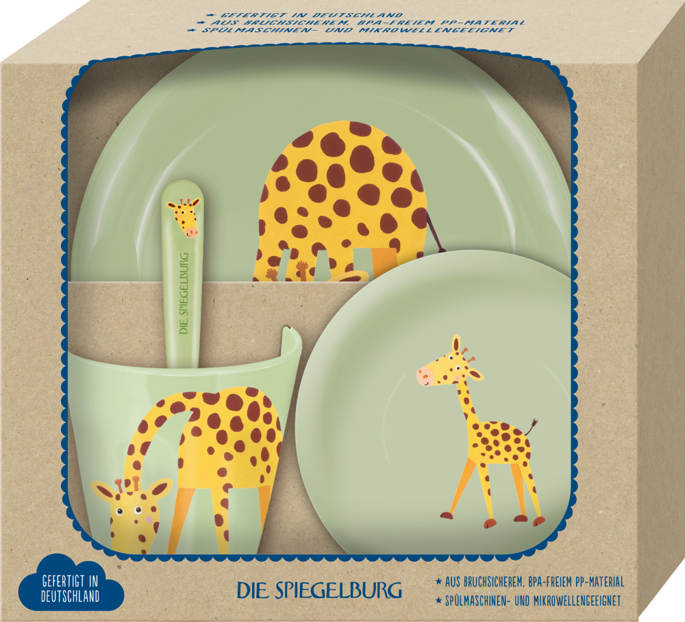Geschirr Geschenkset Giraffe - Freche Rasselbande Kindergeschirrset mit Giraffenmotiv: Enthält Tasse, Teller, Schüssel und Löffel in einer Geschenkbox.