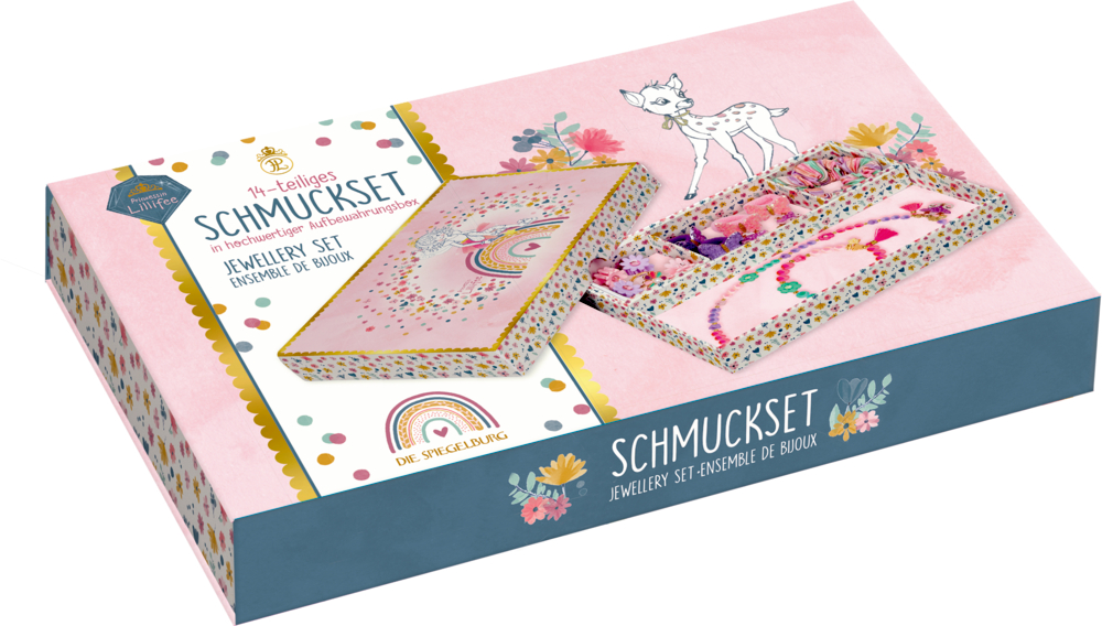 Schmuckset in Aufbewahrungsbox - Prinzessin Lillifee Schmuckset-Box mit rosafarbenen Mustern, einer Rehillustration, Regenbögen und buntem Perlenschmuck im Inneren.