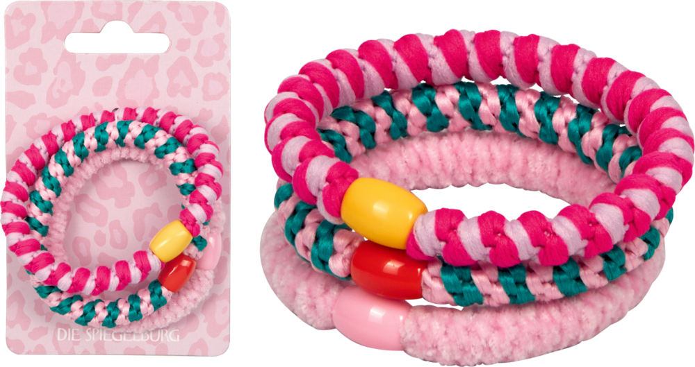 Set aus drei bunten, spiralförmigen Haargummis in rosa, pink und grün auf einer gemusterten Displaykarte mit Leopardenprint.