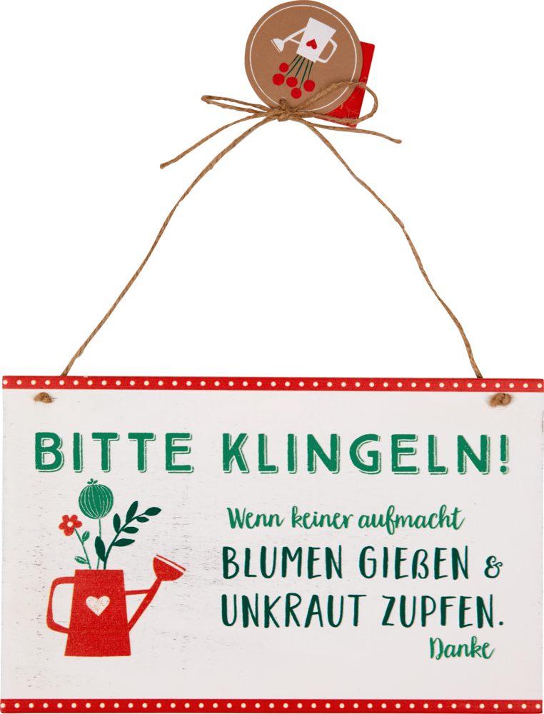 Holzschild „Bitte klingeln! Gießkanne" - Fröhliche Tupfen, rot mit weißen Punkten
