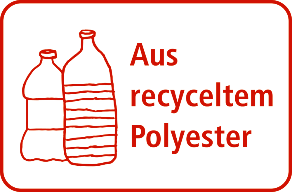 Zwei gezeichnete Kunststoffflaschen und der rote Text „Aus recyceltem Polyester“.