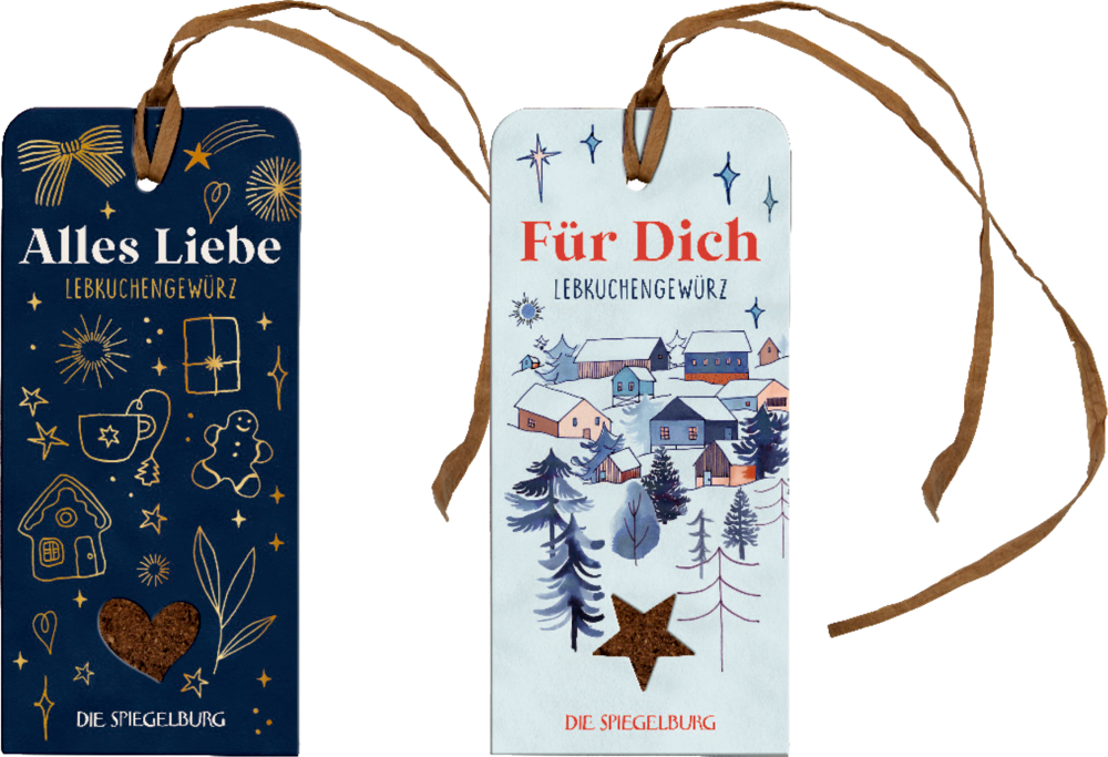 2 Geschenkanhänger für die Feiertage mit Grüßen, festlichen Motiven und braunen Bändern zum Binden.