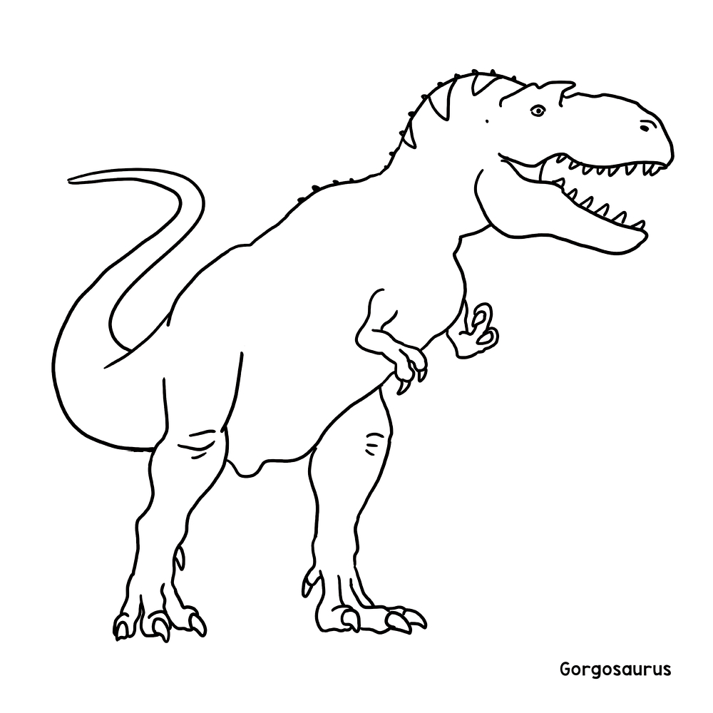 Ausmalbild eines Gorgosaurus mit offenem Maul und sichtbaren kleinen Armen.