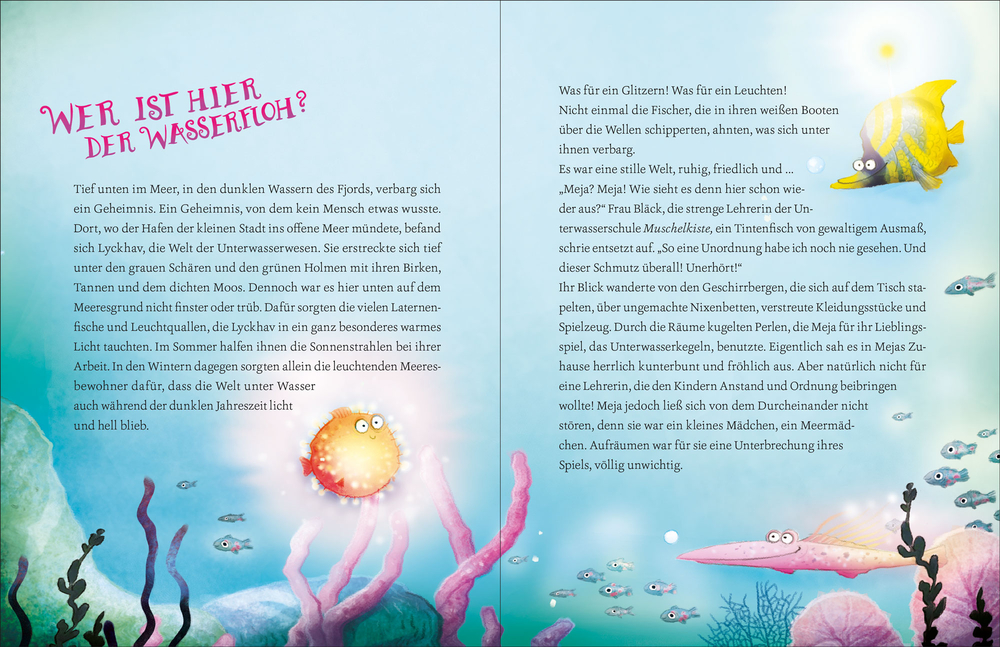 Eine fröhliche Meerjungfrau und ein überraschter Oktopus sitzen unter Wasser zwischen bunten Fischen und Muscheln.