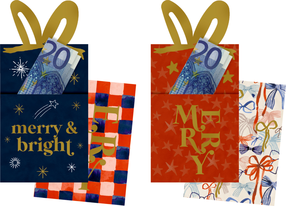 Zwei festliche Umschläge mit „Merry & Bright“ bzw. „Merry“ und beispielhaftem 20€ Inhalt.