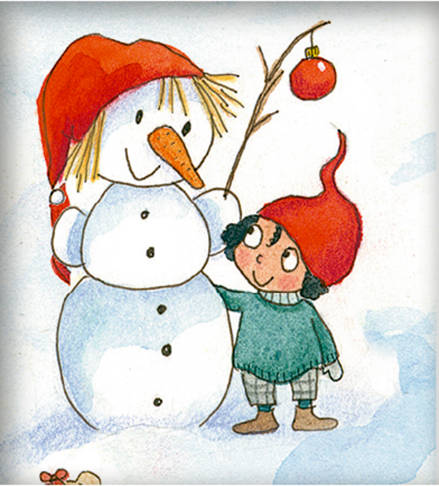 Ein Kind mit rotem Hut steht lÃ¤chelnd am Schneemann und berÃ¼hrt seine Seite.