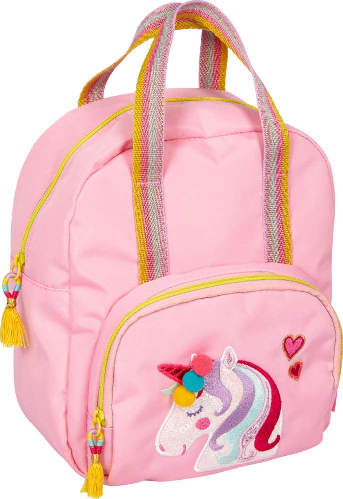 Rucksack Glitzer Einhorn - Einhorn-Paradies Rosa Rucksack mit Regenbogengriffen, gelben Reißverschlüssen und einem Einhorn mit Herzen auf der Vordertasche.