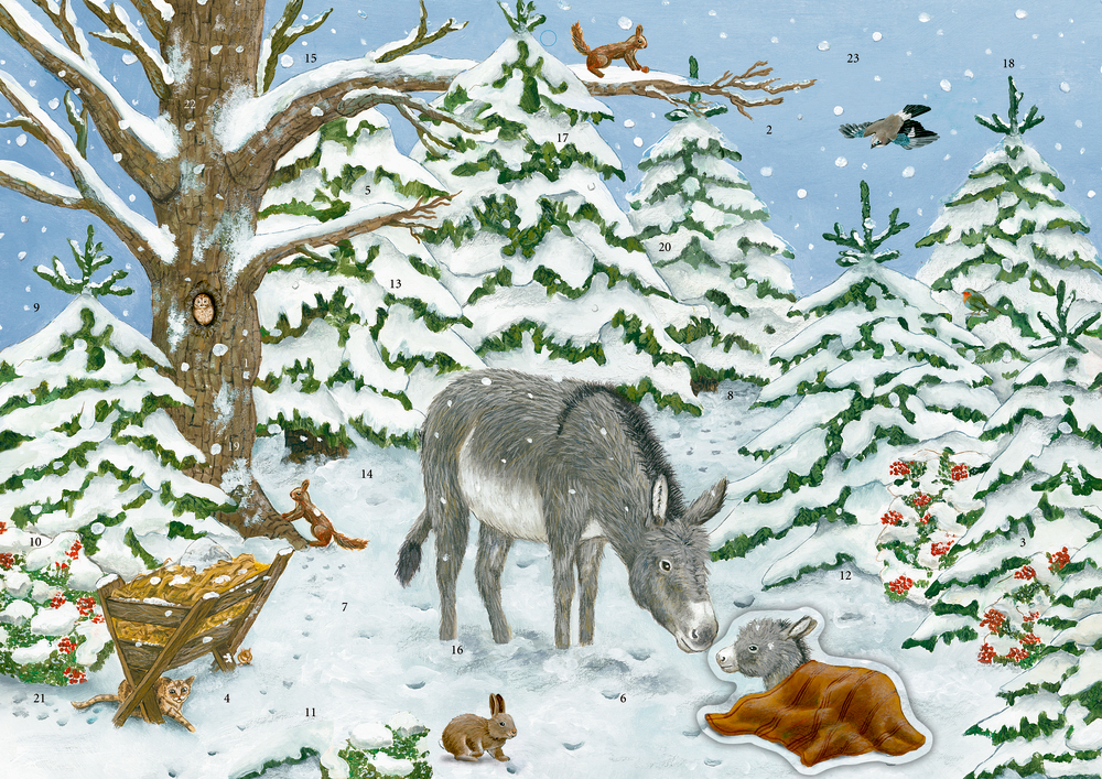 Esel und Fohlen im verschneiten Wald zwischen Bäumen, Tieren, einer Krippe und fallendem Schnee.