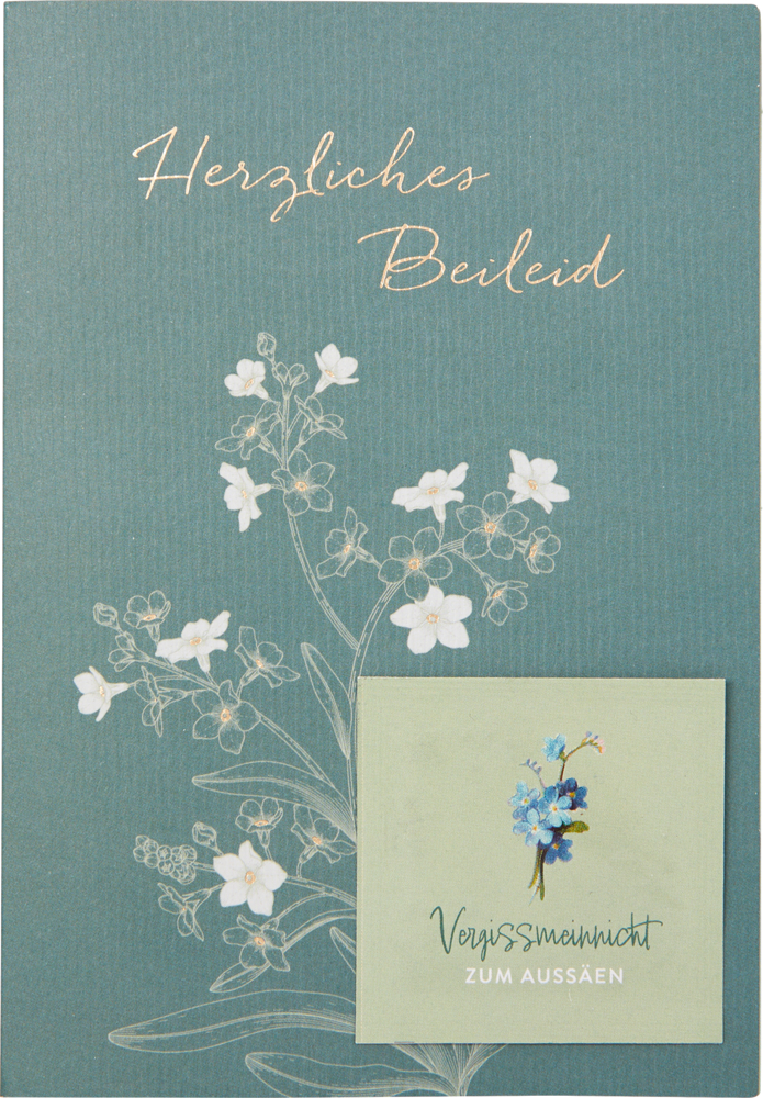 Grüne Kondolenzkarte mit weißen Blumen, deutscher Text: „Herzliches Beileid“ und „Vergissmeinnicht zum Aussäen“.