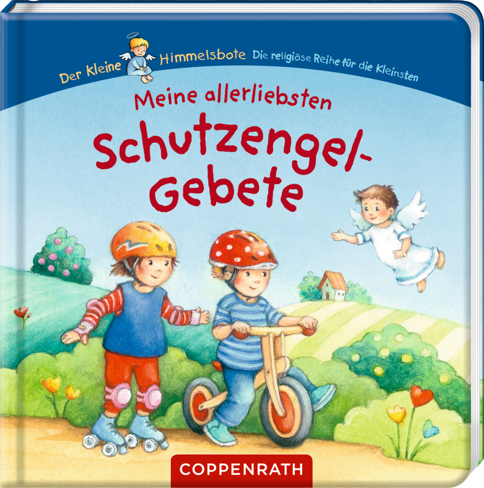 Meine allerliebsten Schutzengel-Gebete (kleiner Himmelsbote) Zwei Kinder spielen draußen, während ein kleiner Engel über ihnen fliegt, auf dem Buchcover erscheint der titel"Meine allerliebsten Schutzengel-Gebete"