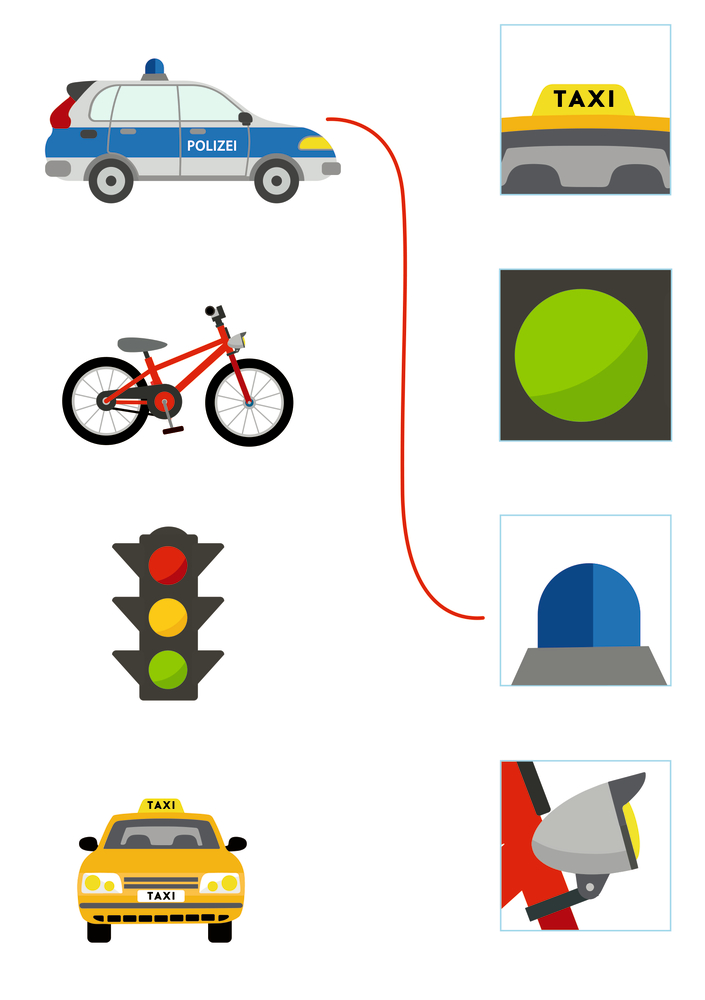 Polizeiauto, Fahrrad und Taxi werden mit Sirene, grünem Licht und Taxischild durch rote Linien verbunden, auf einer Rätselseite.