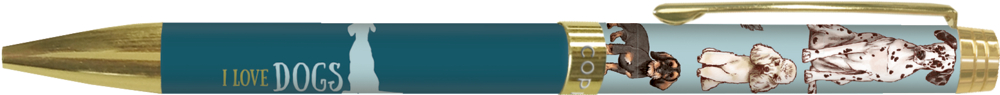 I love dogs - Kugelschreiber Blau-goldener Stift mit der Aufschrift „I LOVE DOGS“ und Bildern verschiedener Hunderassen um den Schaft herum.