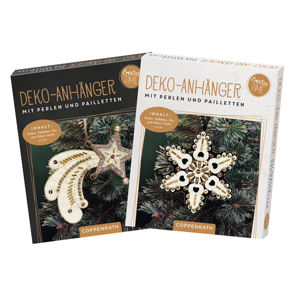 Zwei Sets zum Anfertigen von Weihnachtsschmuck aus Perlen und Pailletten: eine Sternschnuppe und eine Schneeflocke.