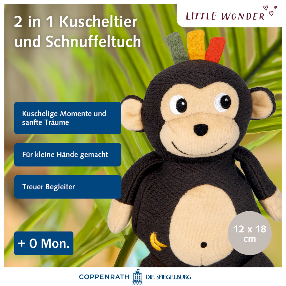 Plüsch-Affe mit bunten Anhängern, dient gleichzeitig als Kuscheltier und Schmusetuch für Babys.