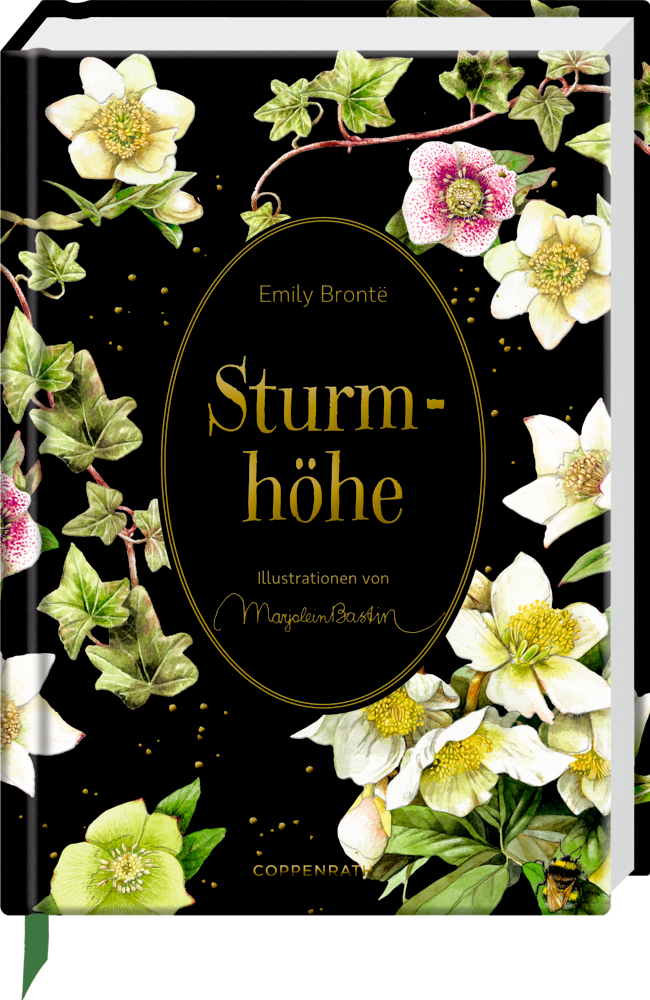 Schmuckausgabe (M. Bastin): Emily Brontë, Sturmhöhe Sturmhöhe von Emily Brontë: Buchcover mit weißen Blumen und grünen Blättern auf schwarzem Hintergrund.