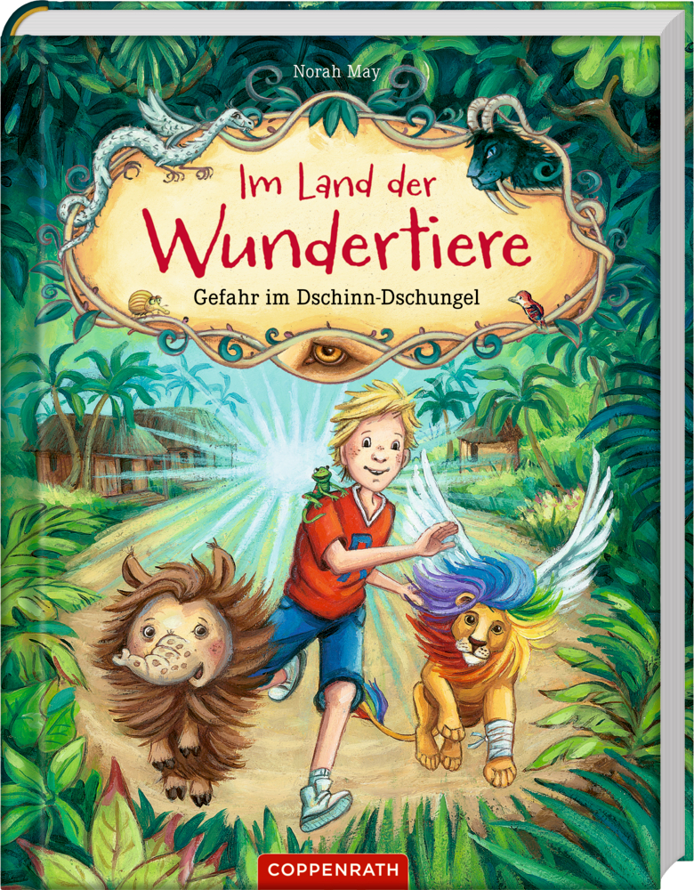 Im Land der Wundertiere (Bd.2) - Gefahr im Dschinn-Dschungel Auf dem Cover rennt ein Junge mit zwei zauberhaften Tieren durch einen bunten Dschungel, auf einem Schild steht „Im Land der Wundertiere“.