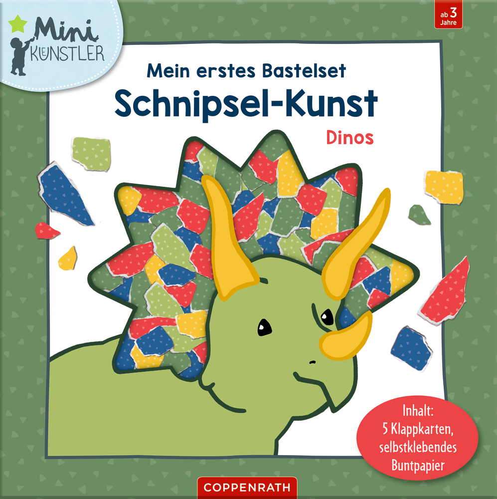 Mein erstes Bastelset - Schnipsel-Kunst Bunter Papiermosaik-Dinosaurier mit drei Hörnern auf dem Cover eines Bastelsets für Kinder ab 3 Jahren.