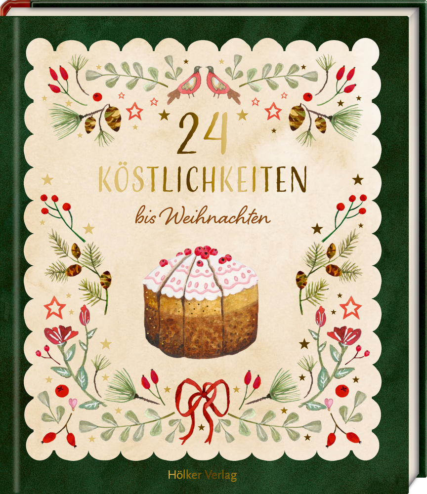 Festlicher Buchumschlag mit Kuchen und filigranen, weihnachtlichen Illustrationen, dunkelgrün eingerahmt.
