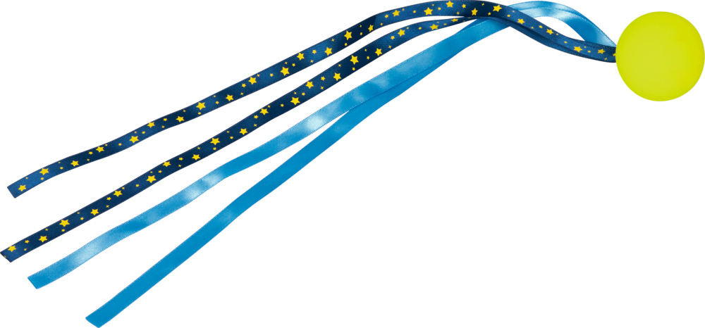 Flummi mit Sternenschweif - Bunte Geschenke Ein gelber Flummi mit blauen Bändern und Luftschlangen mit Sternenmuster, die hinter ihm herziehen.