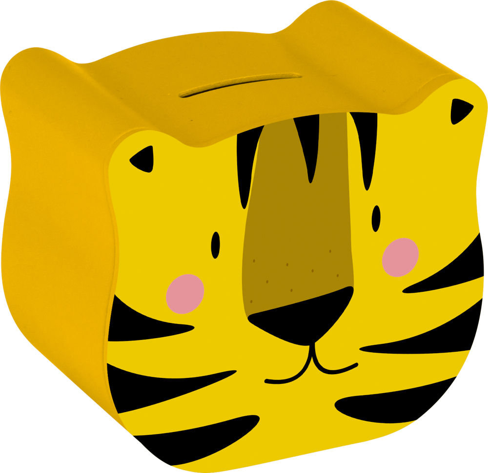 Tiger, Spardose - Bunte Geschenke Gelbe Tiger-Spardose mit schwarzen Streifen, rosa Wangen und einem Münzschlitz oben.