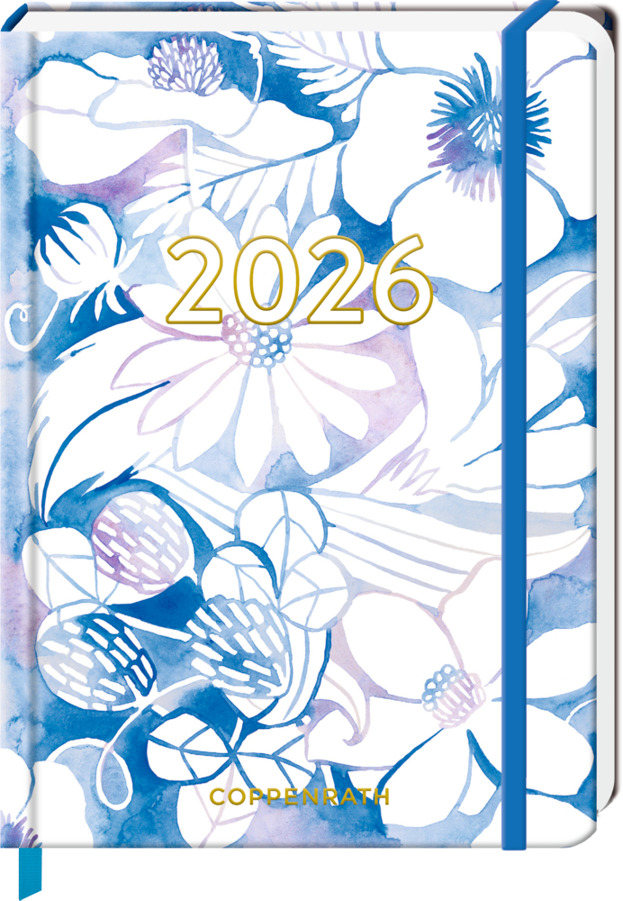 Kleiner Wochenkalender: Mein Jahr 2026 Blumen (All about blue) Planer für 2026 mit einem blau-violetten floralen Aquarell-Coverdesign und einem blauen Gummiband.