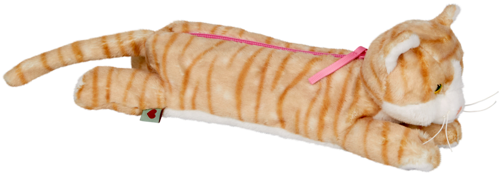 Stifteetui Katze Nele, braun - Lustige Tierparade Plüschiges orangefarbenes Katzenetui mit rosa Reißverschluss, liegend mit ausgestrecktem Schwanz.