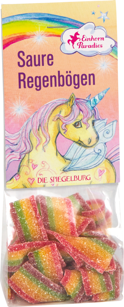 Eine Tüte mit sauren Regenbogen-Candy-Streifen, auf dem Etikett ist ein buntes Einhorn abgebildet.
