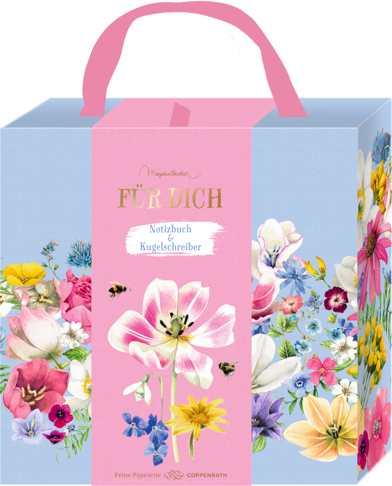 Geschenkbox mit rosa Henkel, Blumendesign und Text Für Dich auf pastellblauem und pastellpinken Hintergrund.