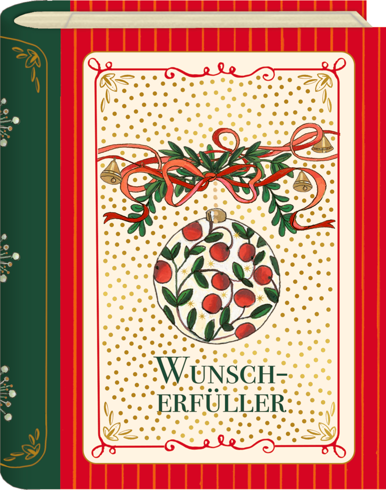 Wunscherfüller in Buchform mit rotem und grünem festlichem Einband, goldenen Punkten und der Aufschrift „Wunscherfüller“ auf der Vorderseite.