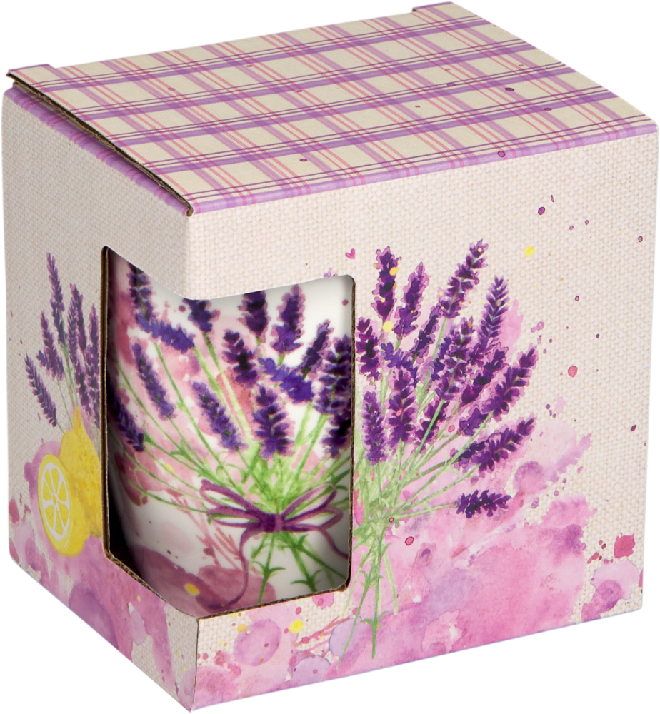Becher in einer dekorativen Box mit Lavendelblüten, Zitronen und rosa kariertem Muster oben.