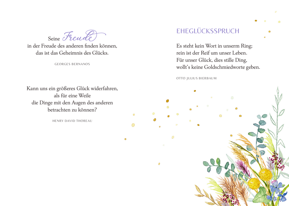 Zwei Sprüche über Glück, mit Blumenillustration unten rechts, auf einer Innenansicht.