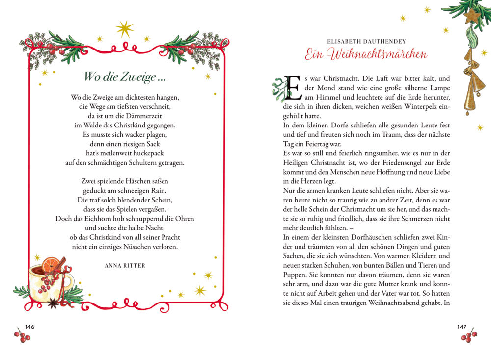 Zwei gestaltete Buchseiten mit Weihnachtsgedichten, umrahmt von roten Linien, Tannenzweigen und weihnachtlicher Dekoration.