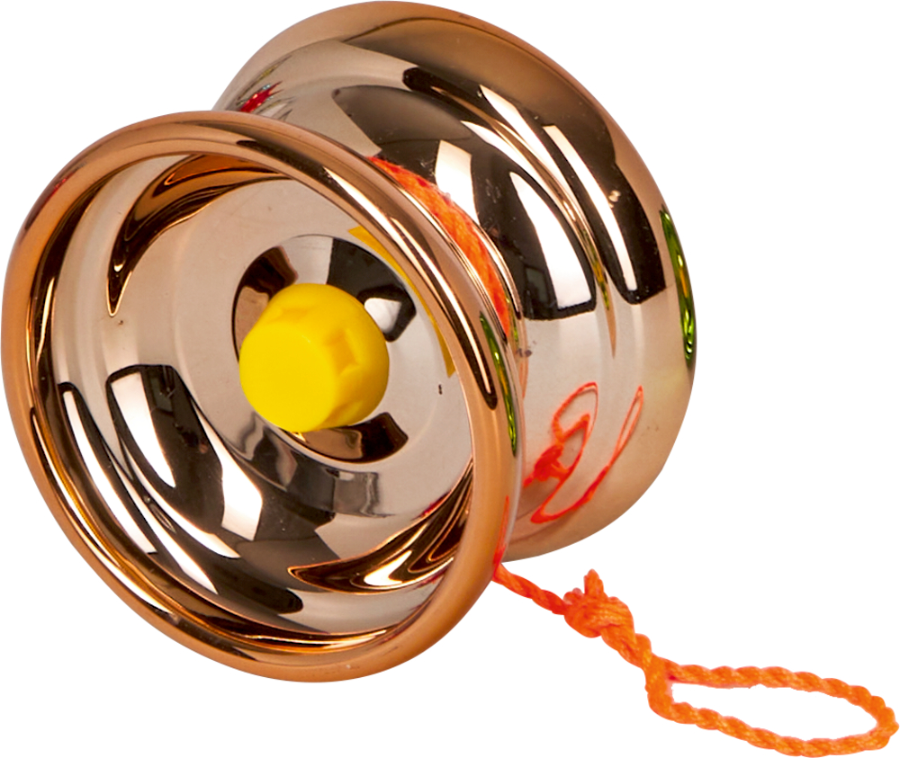 Ein metallisches Yo-Yo mit glänzender Oberfläche, gelbem Zentrum und orangefarbener Schnur.