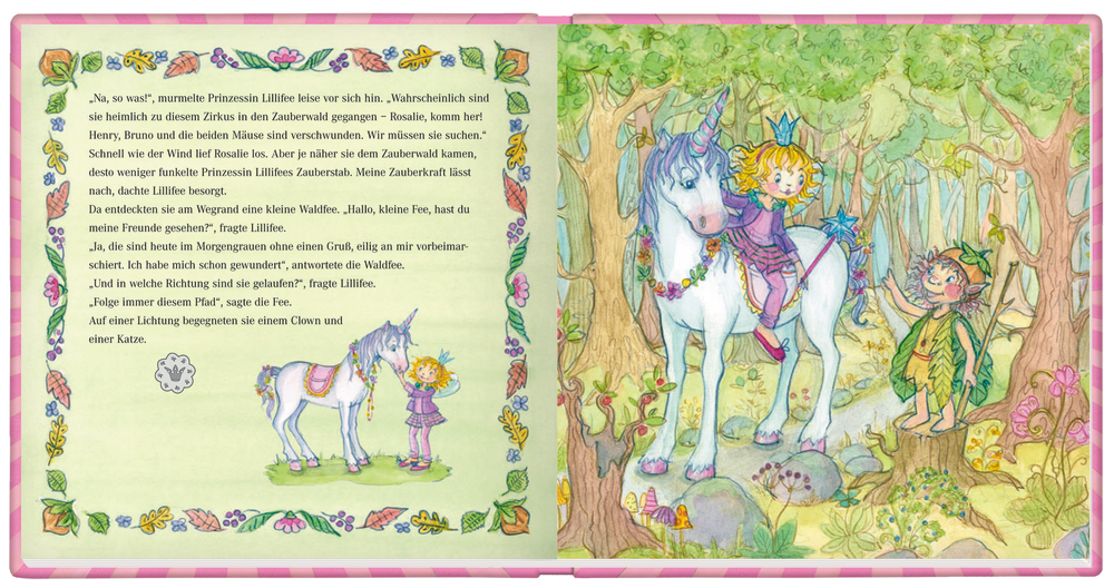 Prinzessin Lillifee spricht auf einem Einhorn mit einer Fee im bunten, magischen Wald.