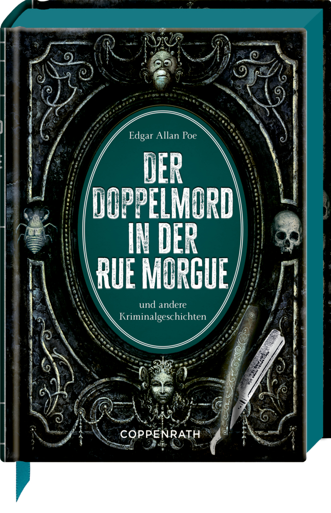 Kleine Schmuckausgabe: E. A. Poe, Der Doppelmord in der Rue Morgue Dunkles, verziertes Cover für „Der Doppelmord in der Rue Morgue“ von Poe, mit Totenköpfen und einem Rasiermesser.