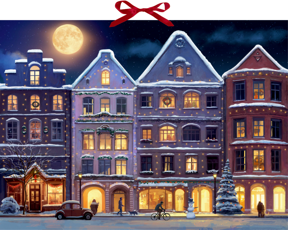 Winterstadt am Abend, Wand-Adventskalender Verschneite Straße bei Nacht mit geschmückten Gebäuden, Vollmond, Spaziergängern, einem Radfahrer, einem Oldtimer und einem Schneemann.