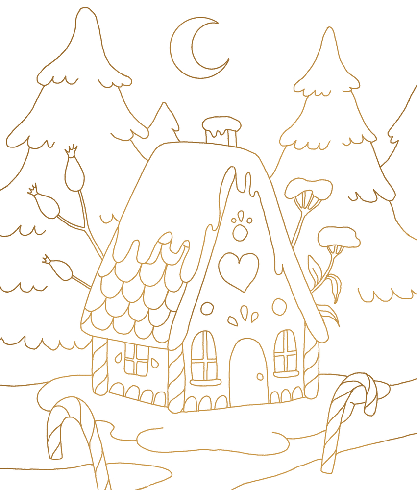Gezeichnetes Lebkuchenhaus mit Zuckerstangen im Schnee, umgeben von Tannenbäumen und Mondsichel am Himmel.