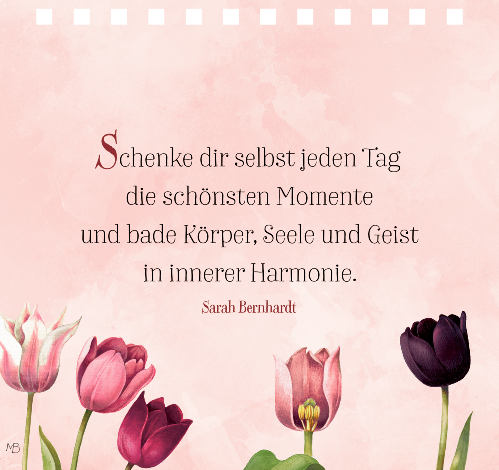 Eine rosane Seite mit Blumen-Illustrationen und Text zum Thema - Schenke dir täglich schöne Momente.