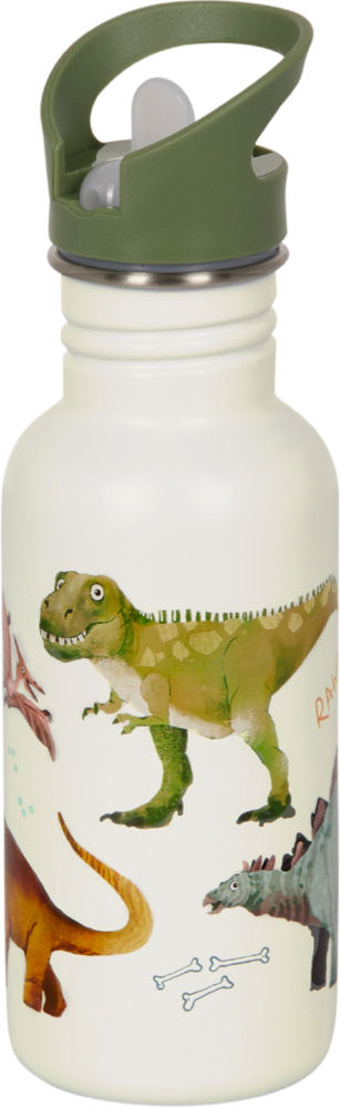 Edelstahlflasche - Dino Friends (ca. 0,5 l) "Weiße Wasserflasche mit grünem Deckel und bunten Dino-Motiven. "