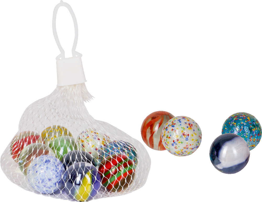 Große Murmeln - Bunte Geschenke Ein Netzbeutel mit bunten Murmeln, wobei vier Murmeln außen auf einem weißen Hintergrund platziert sind.