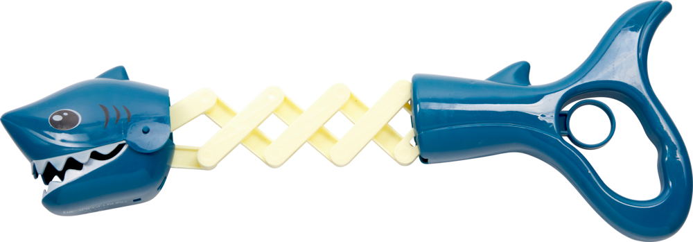 Blauer Plastikgreifer in Form eines Hais mit Griff und ausziehbaren Kiefern.
