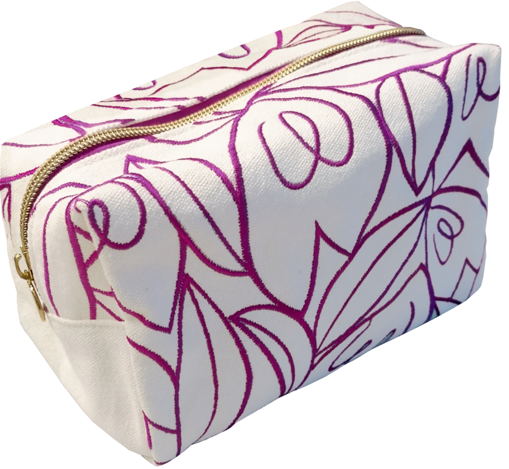 Weißes Etui mit goldenem Reißverschluss und lila abstraktem Blatt-Herz-Design.