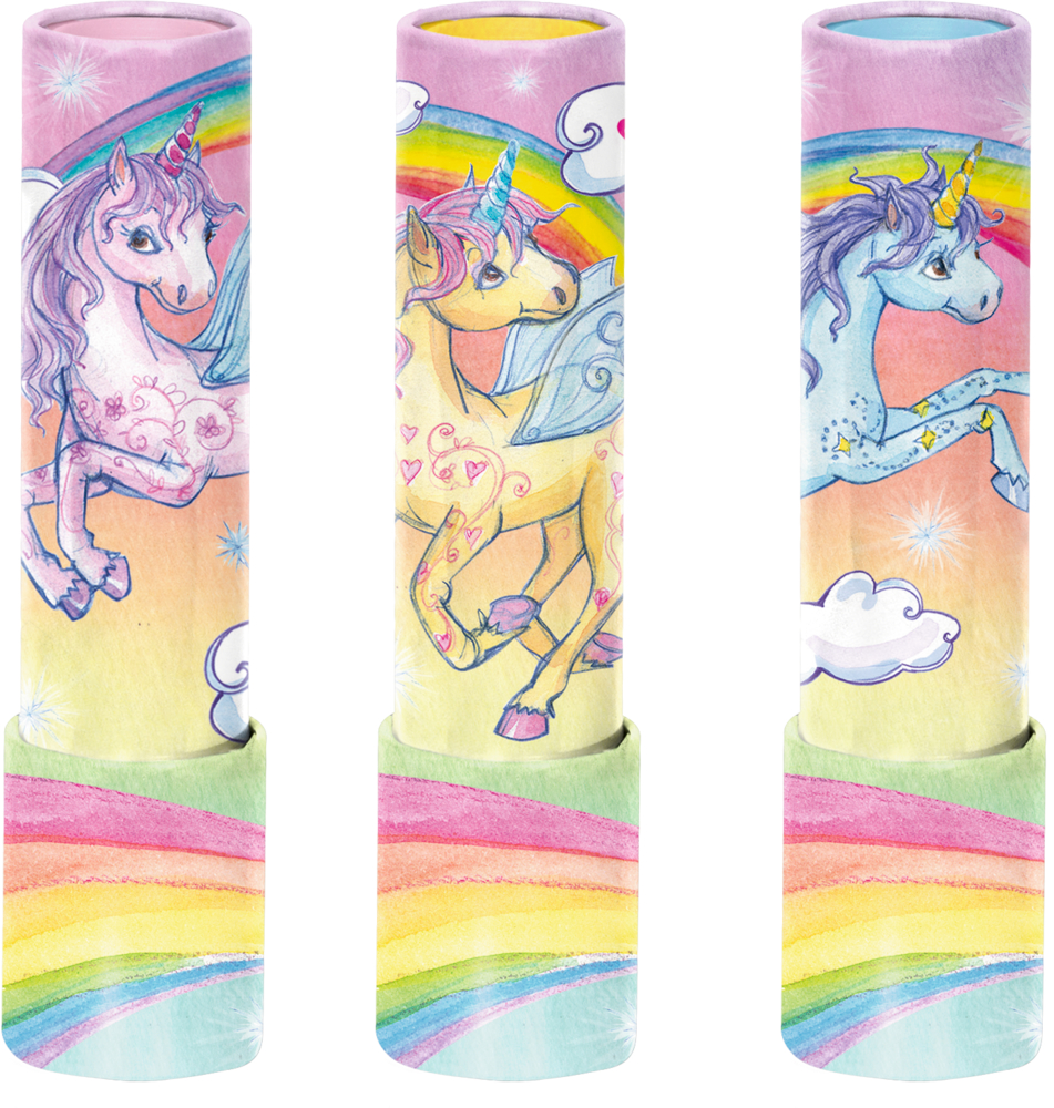 Kaleidoskop Einhorn-Paradies Drei pastellfarbene Röhren mit Einhorn-, Regenbogen- und Wolkenmotiven.