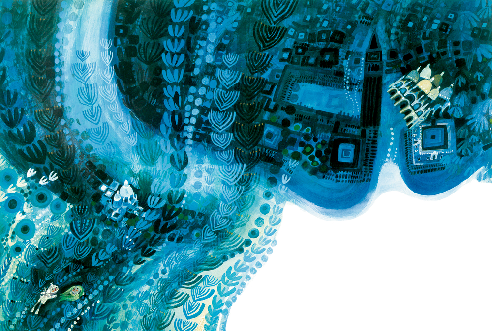 Ein blaugrüner Fluss fließt durch eine gemusterte Landschaft, die von kleinen Figuren und Blattformen geschmückt wird.